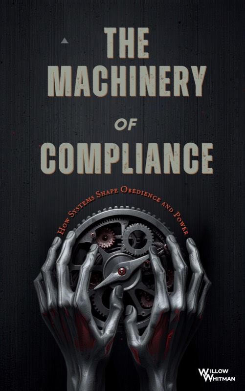 Cover of The Machinery of Compliance: two skeletal hands gripping exposed clockwork against a dark background.